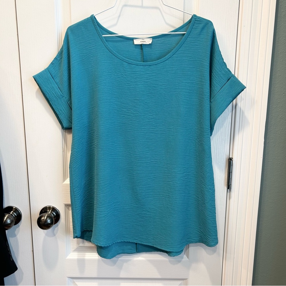 Entro Women’s Teal Cuffed Short Sleeve Textured Oversized Blouse Size Small